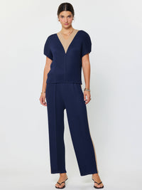 V Neck Dolman Sleeve Pleated Top Navy