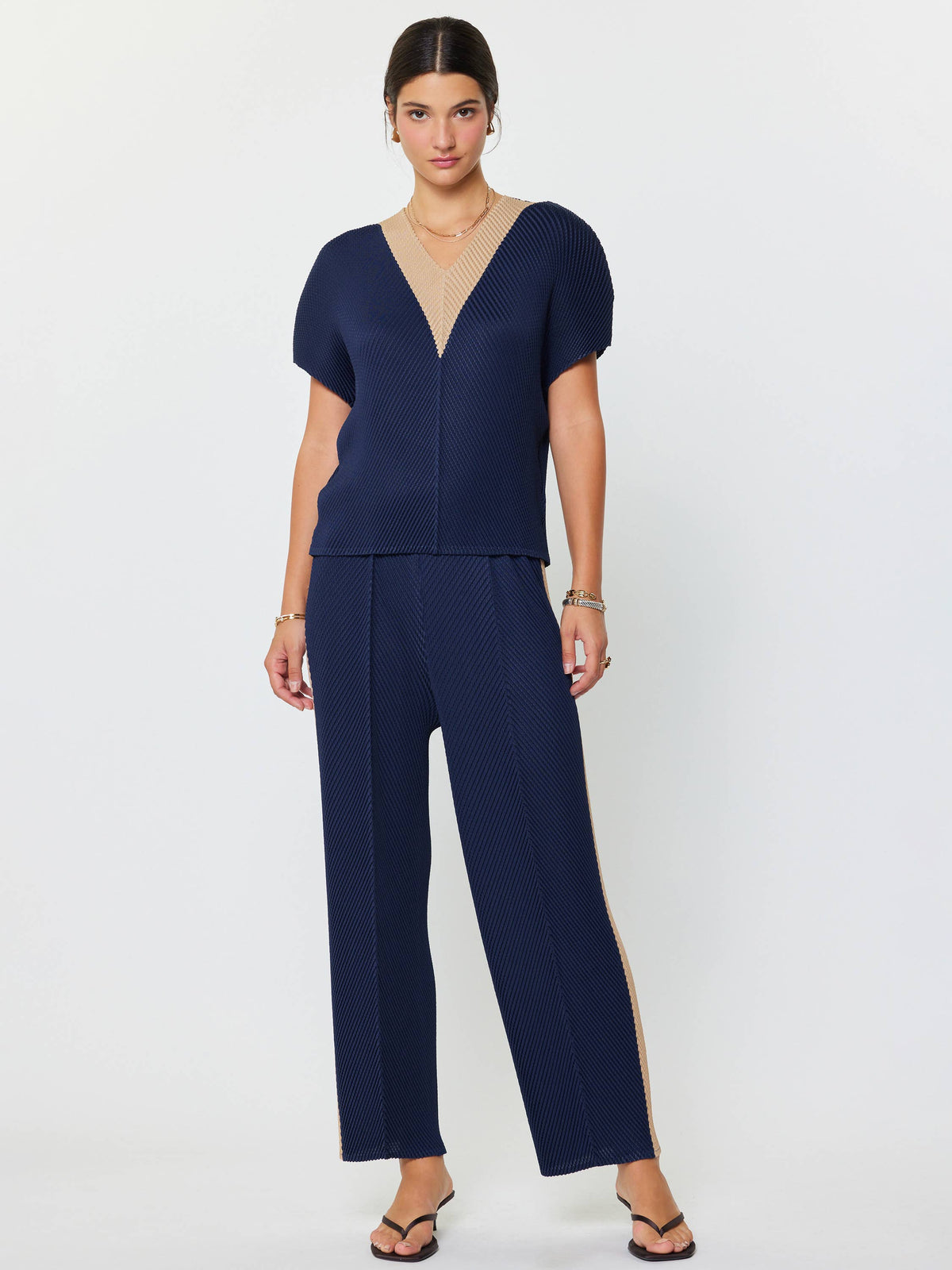 V Neck Dolman Sleeve Pleated Top Navy