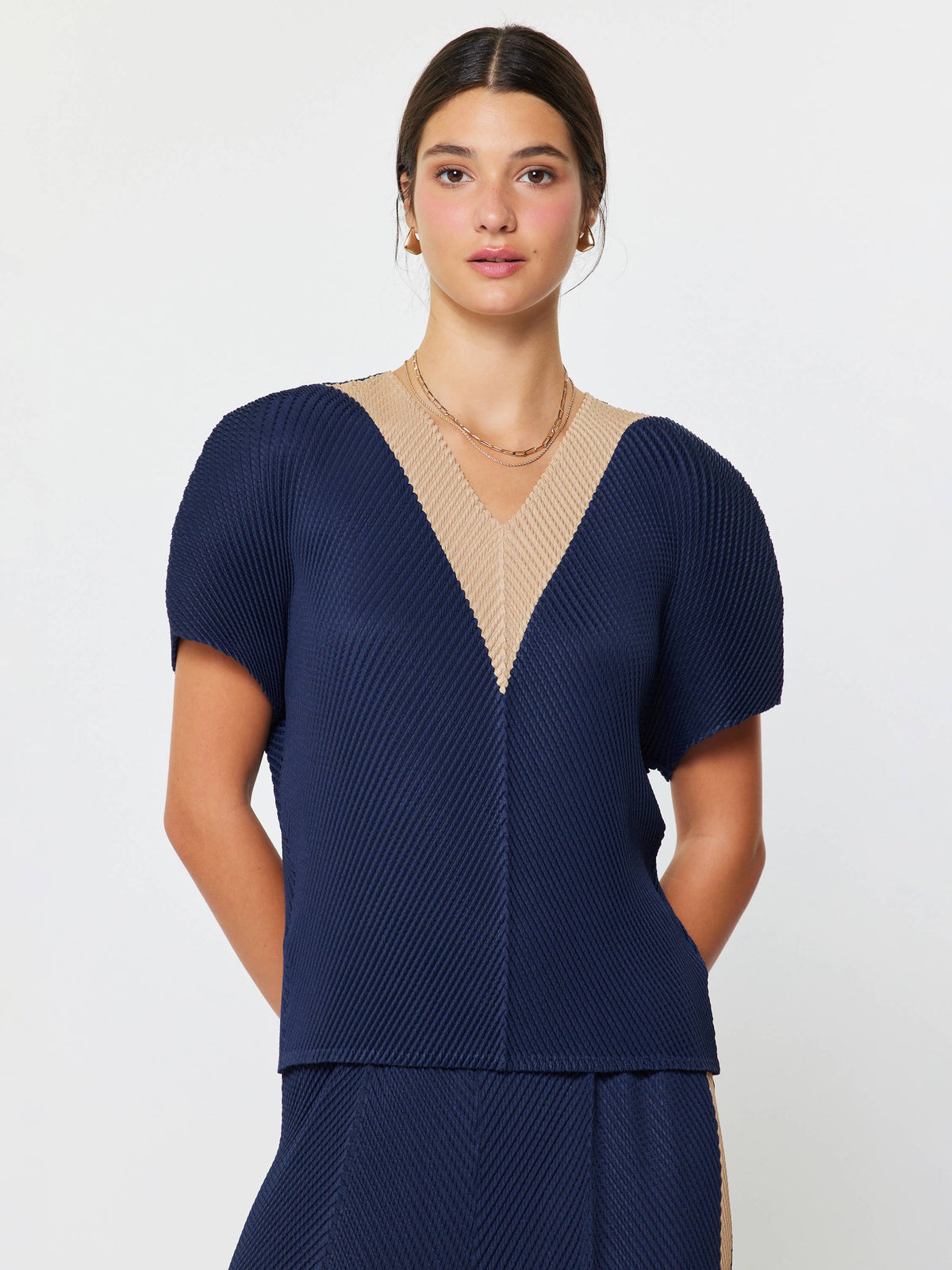 V Neck Dolman Sleeve Pleated Top Navy