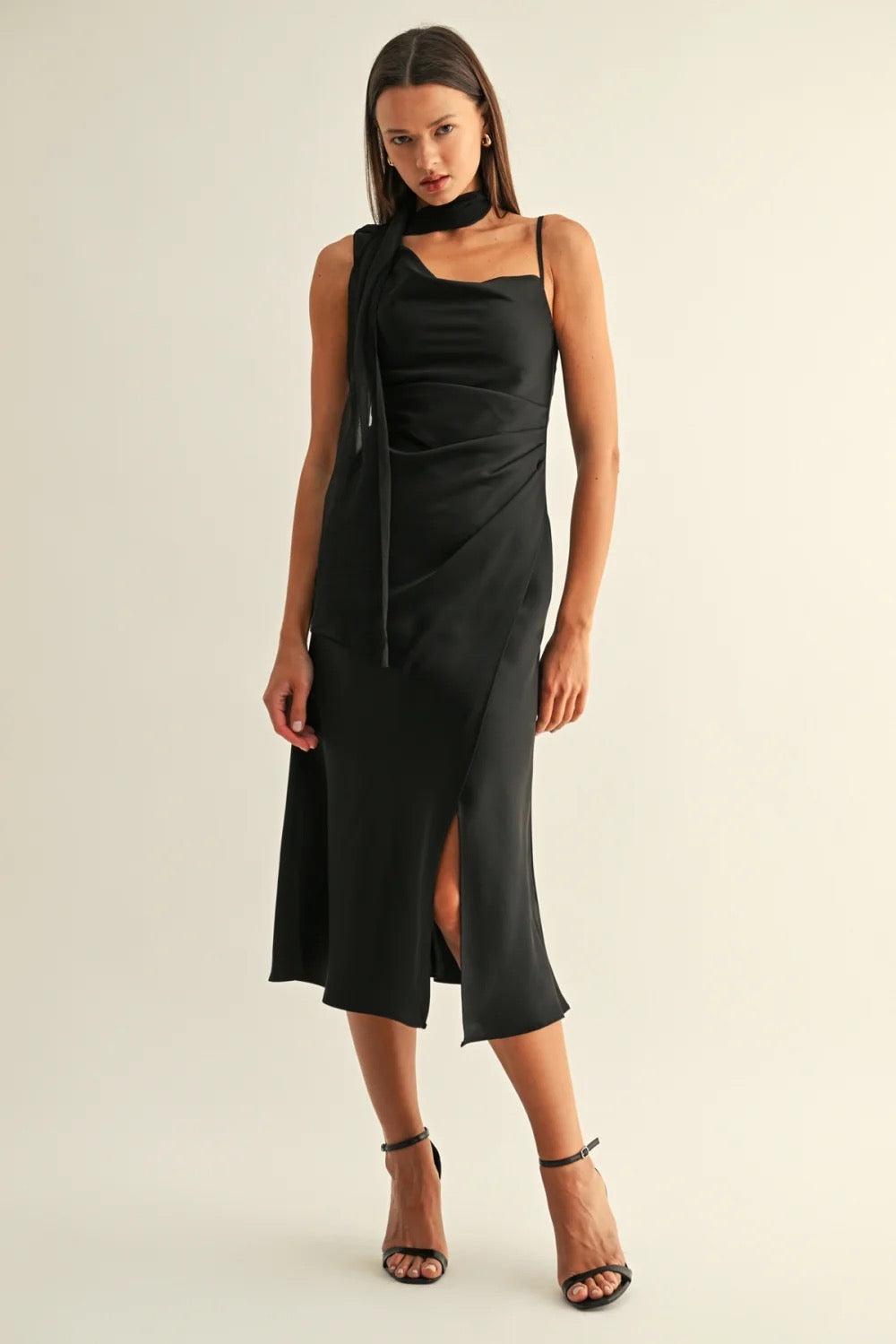 Selena Contrast Scarf Cowl Neck Dress - Black