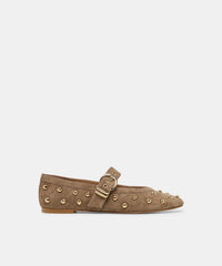 Mikel Stud Flat Olive Suede