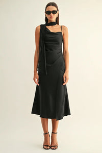 Selena Contrast Scarf Cowl Neck Dress - Black