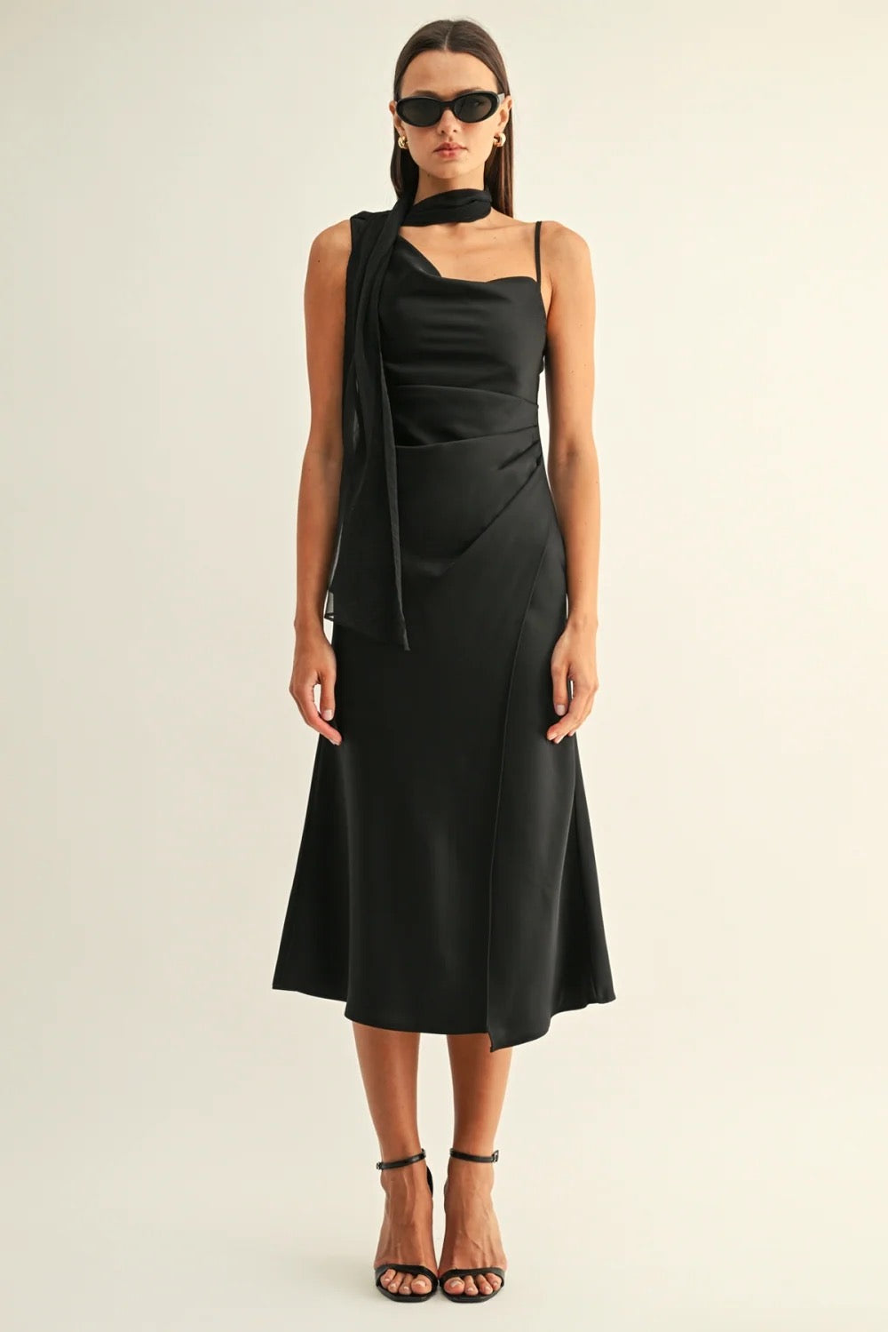 Selena Contrast Scarf Cowl Neck Dress - Black