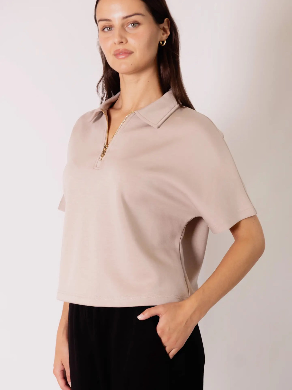 Short Sleeve Quarter Zip Top - Taupe
