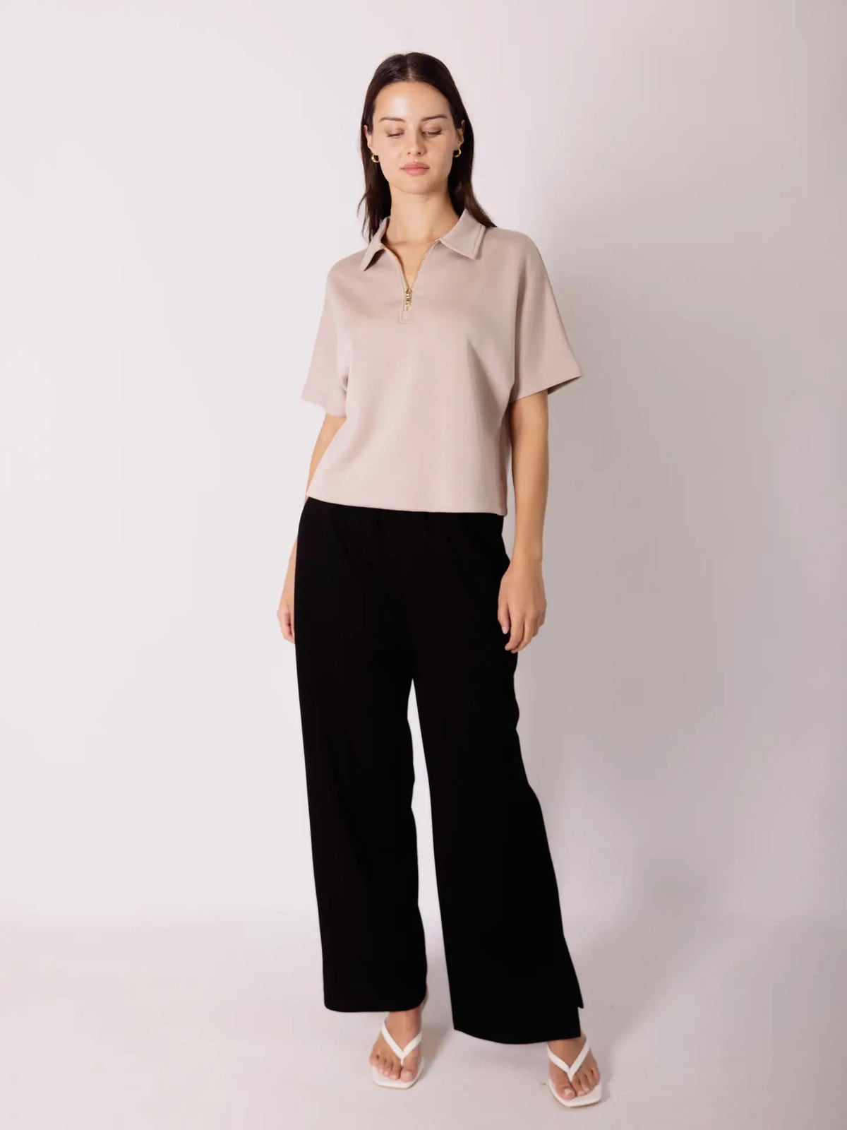 Short Sleeve Quarter Zip Top - Taupe