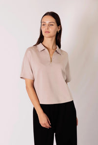 Short Sleeve Quarter Zip Top - Taupe