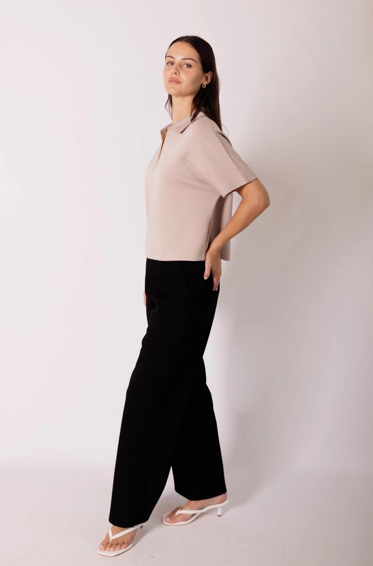 Short Sleeve Quarter Zip Top - Taupe