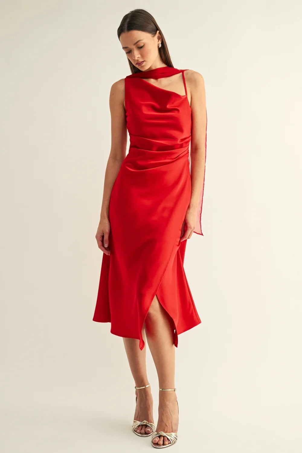 Selena Contrast Scarf Cowl Neck Dress - Red