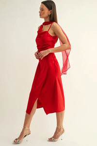 Selena Contrast Scarf Cowl Neck Dress - Red