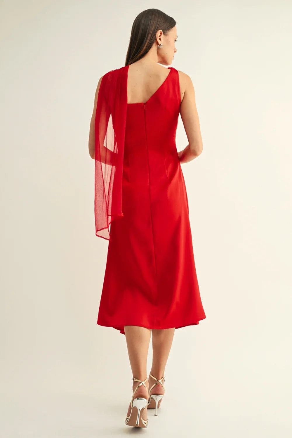 Selena Contrast Scarf Cowl Neck Dress - Red
