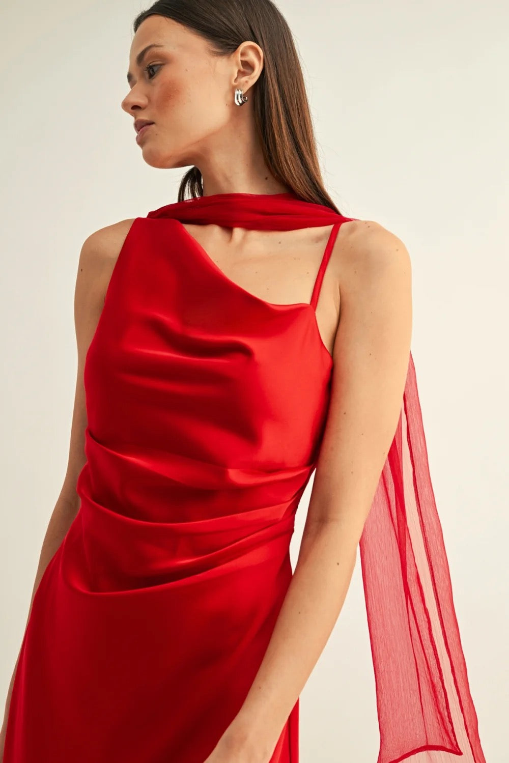 Selena Contrast Scarf Cowl Neck Dress - Red