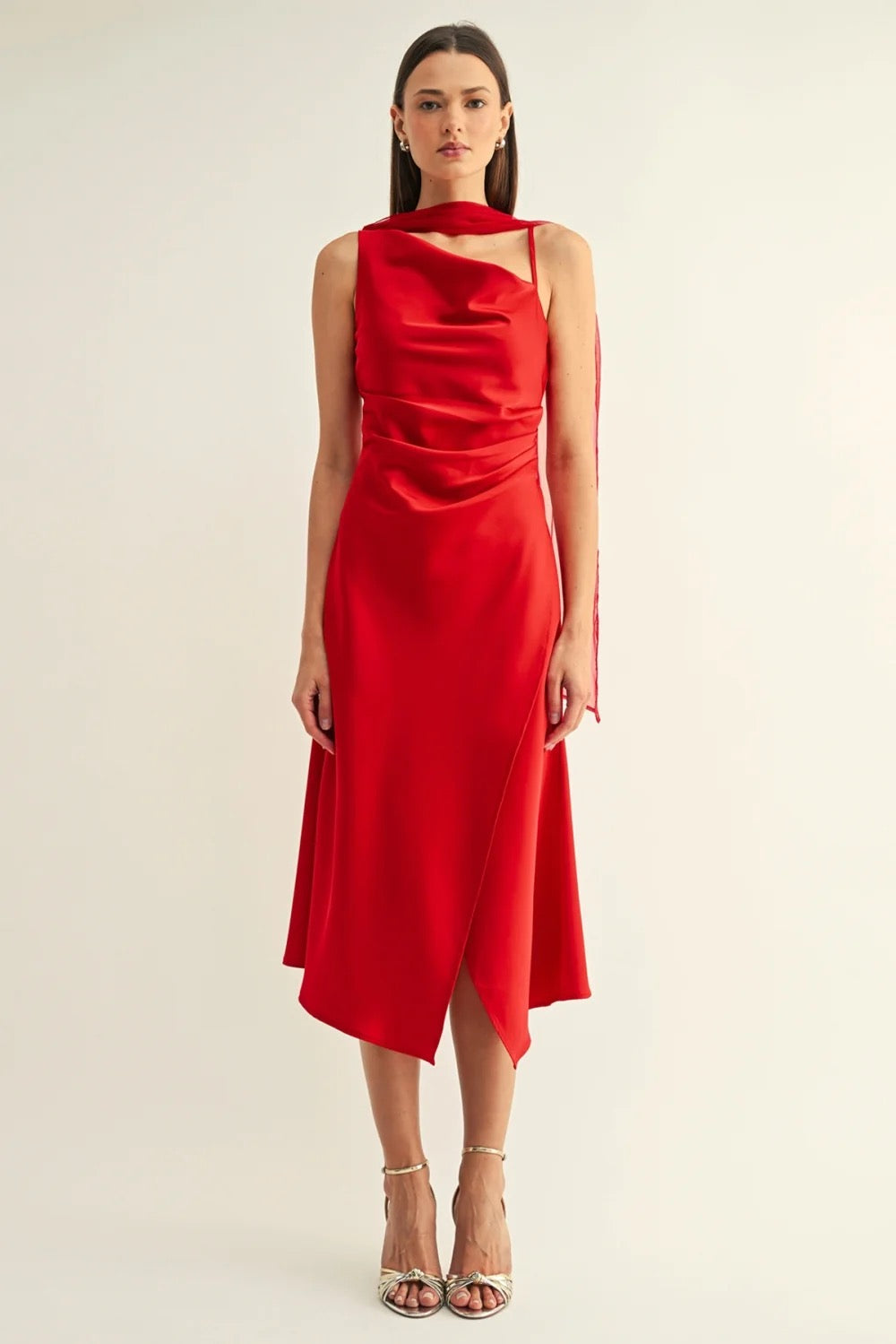 Selena Contrast Scarf Cowl Neck Dress - Red