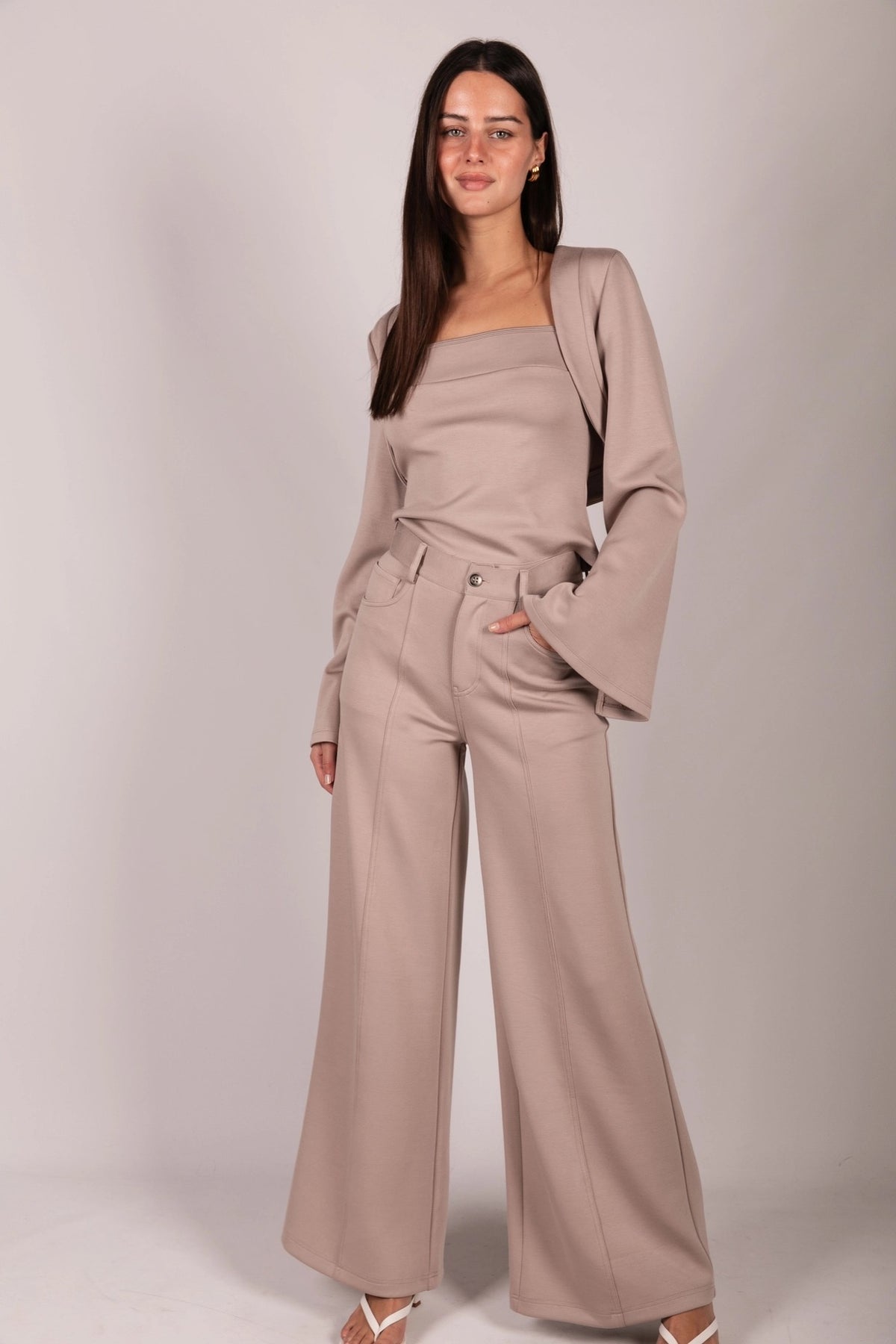Pleated Wide Leg Trousers - Taupe