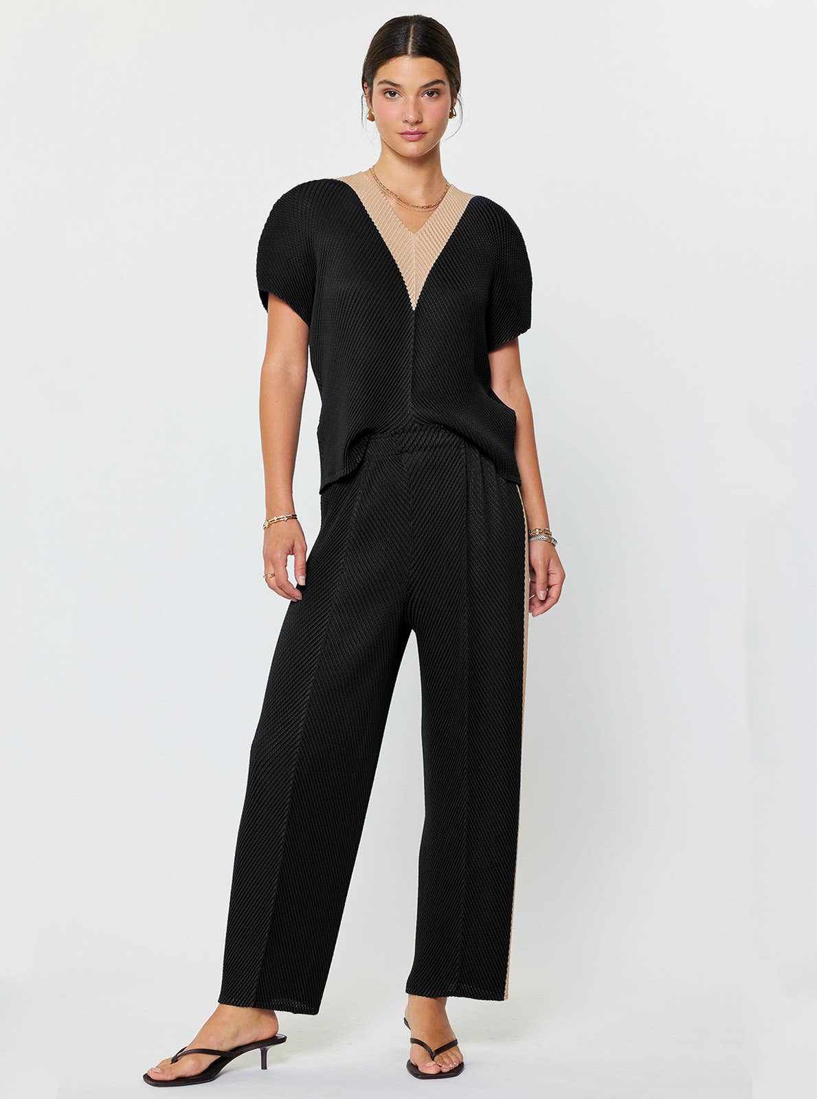 V Neck Dolman Sleeve Pleated Top