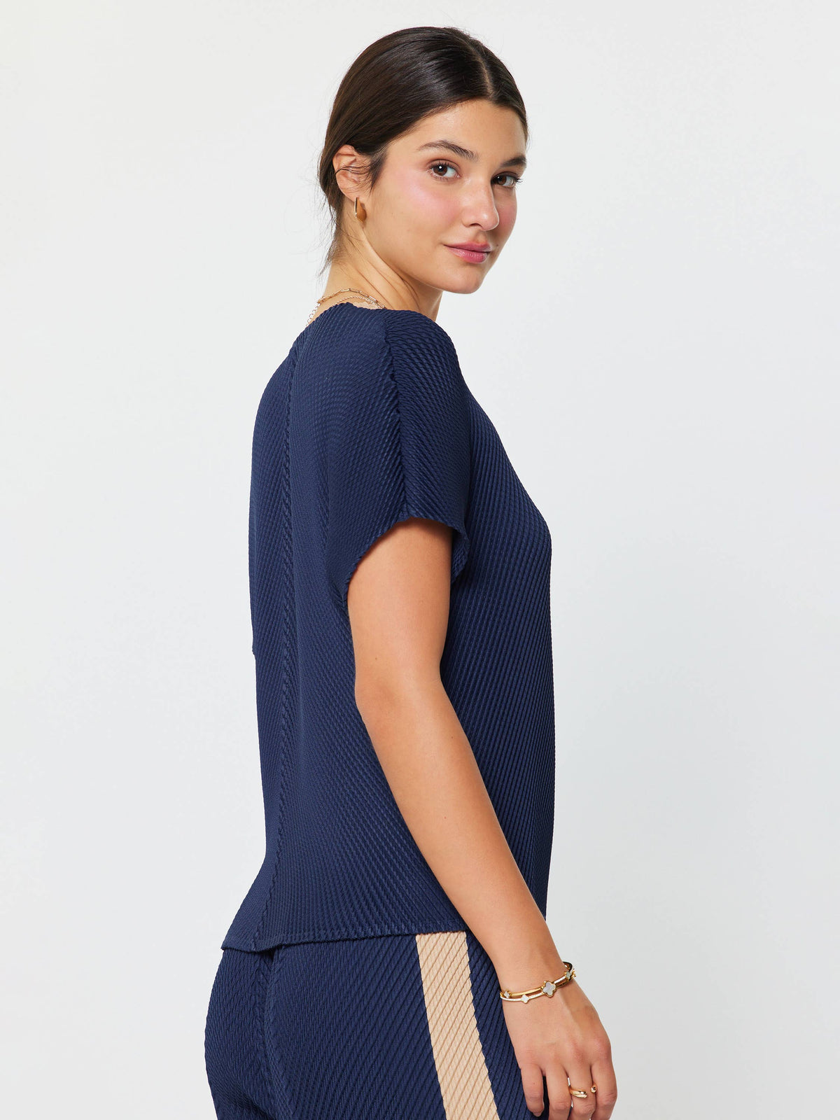 V Neck Dolman Sleeve Pleated Top Navy