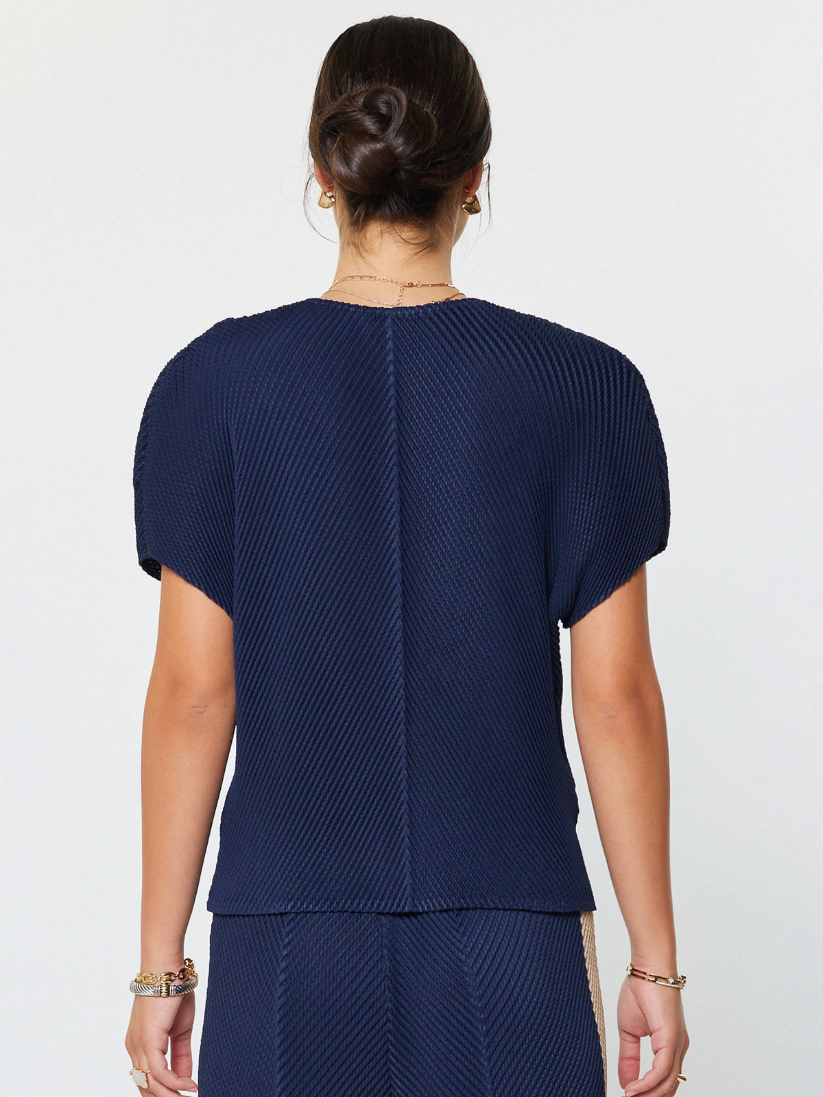 V Neck Dolman Sleeve Pleated Top Navy